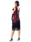 A 1920s Red Flapper Dress with Black Sequins and a double layer of fringes around the hem - Back View