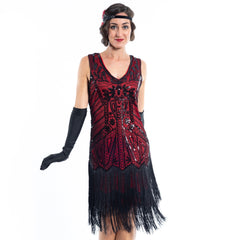 A 1920s Red Flapper Dress with Black Sequins and a double layer of fringes around the hem - Close View