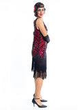 A 1920s Red Flapper Dress with Black Sequins and a double layer of fringes around the hem - Side View