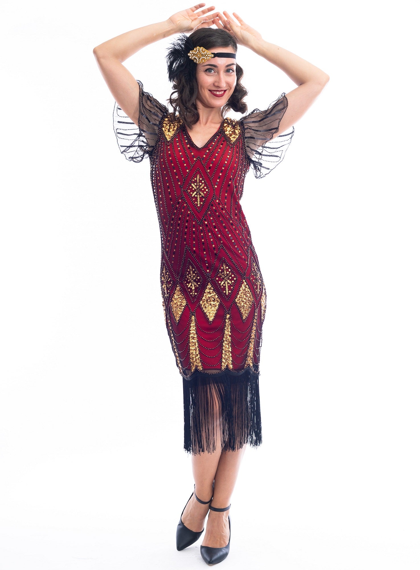 A vintage red 1920s Flapper Dress with gold beads & black sequins