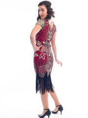 A back view of a Red 1920s Gatsby Dress with gold beads, gold sequins and black fringes around hem