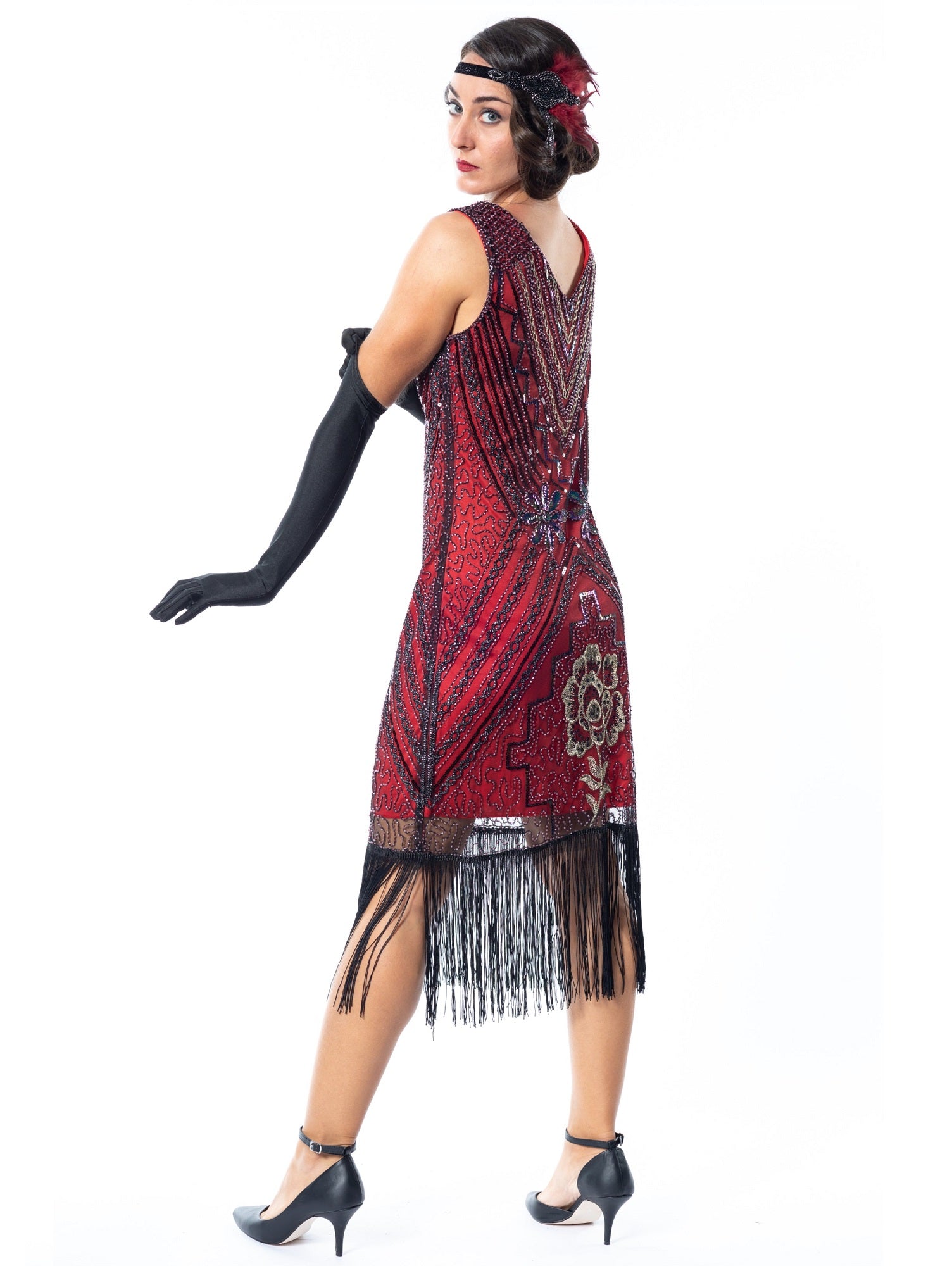 A Red Vintage Gatsby Dress with black and gold sequins, beads and fringes around the hem - Back View