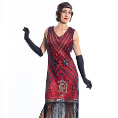 A Red Vintage Gatsby Dress with black and gold sequins, beads and fringes around the hem - Close View