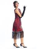 A Red Vintage Gatsby Dress with black and gold sequins, beads and fringes around the hem - Side View