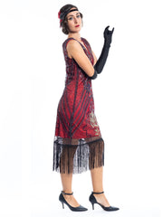 A Red Vintage Gatsby Dress with black and gold sequins, beads and fringes around the hem - Side View