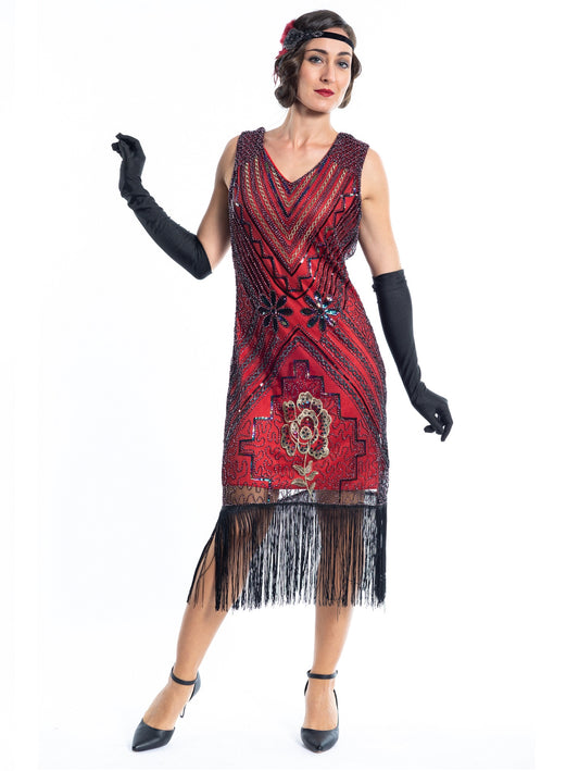 A Red Vintage Gatsby Dress with black and gold sequins, beads and fringes around the hem