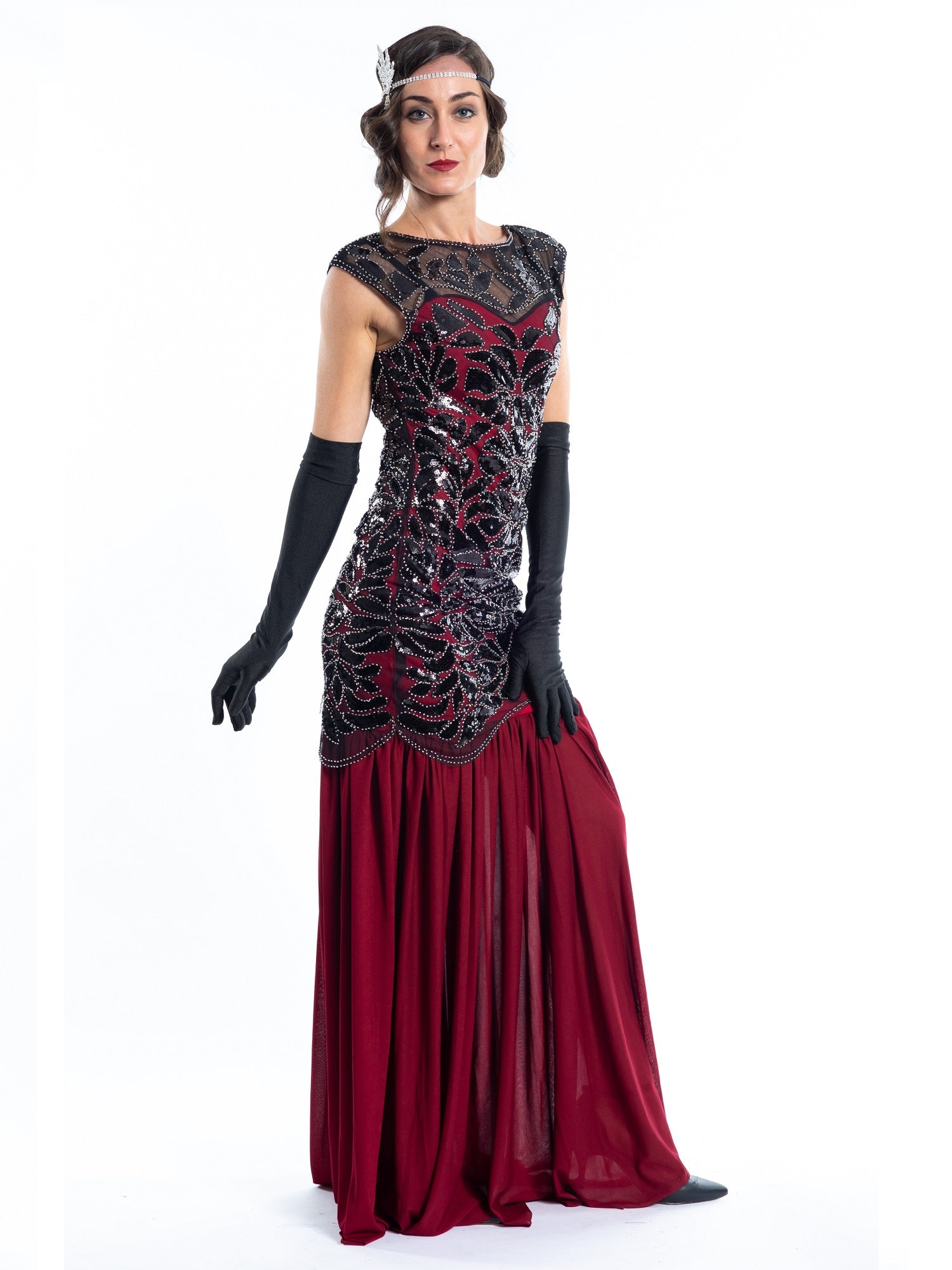 A long red flapper dress with black sequins and silver beads
