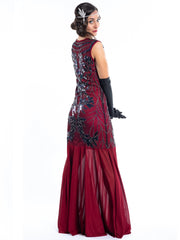 A long red gatsby dress with black sequins and silver beads