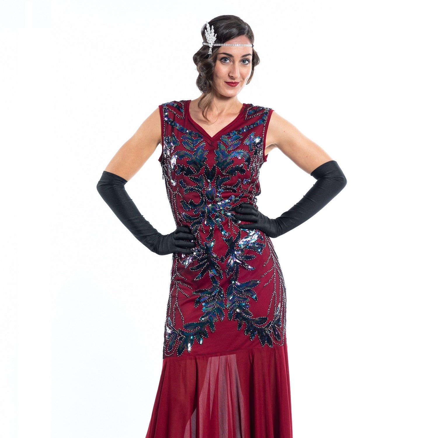 A long red gatsby dress with black sequins and silver beads