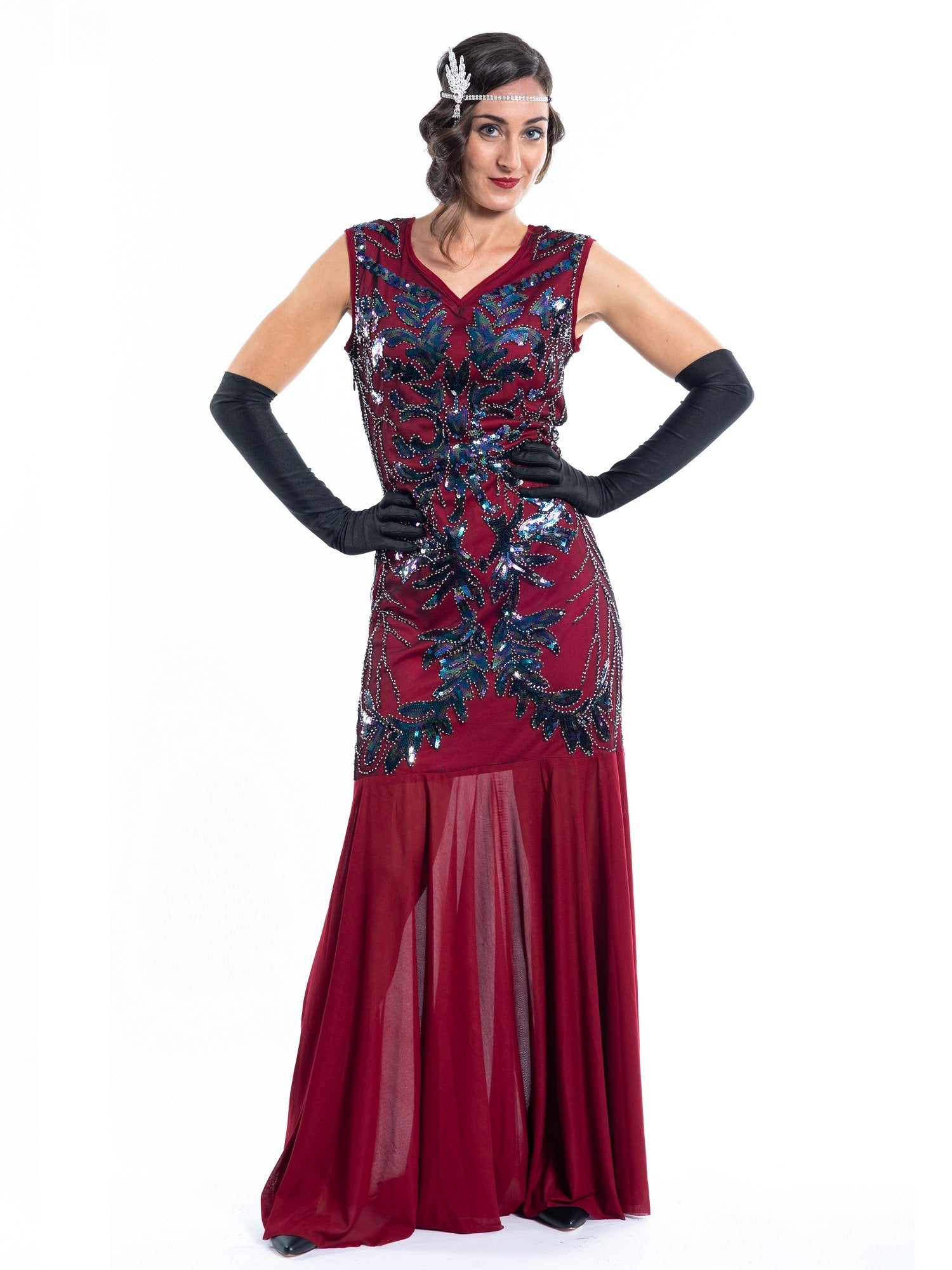 A long red great gatsby dress with sequins and beads