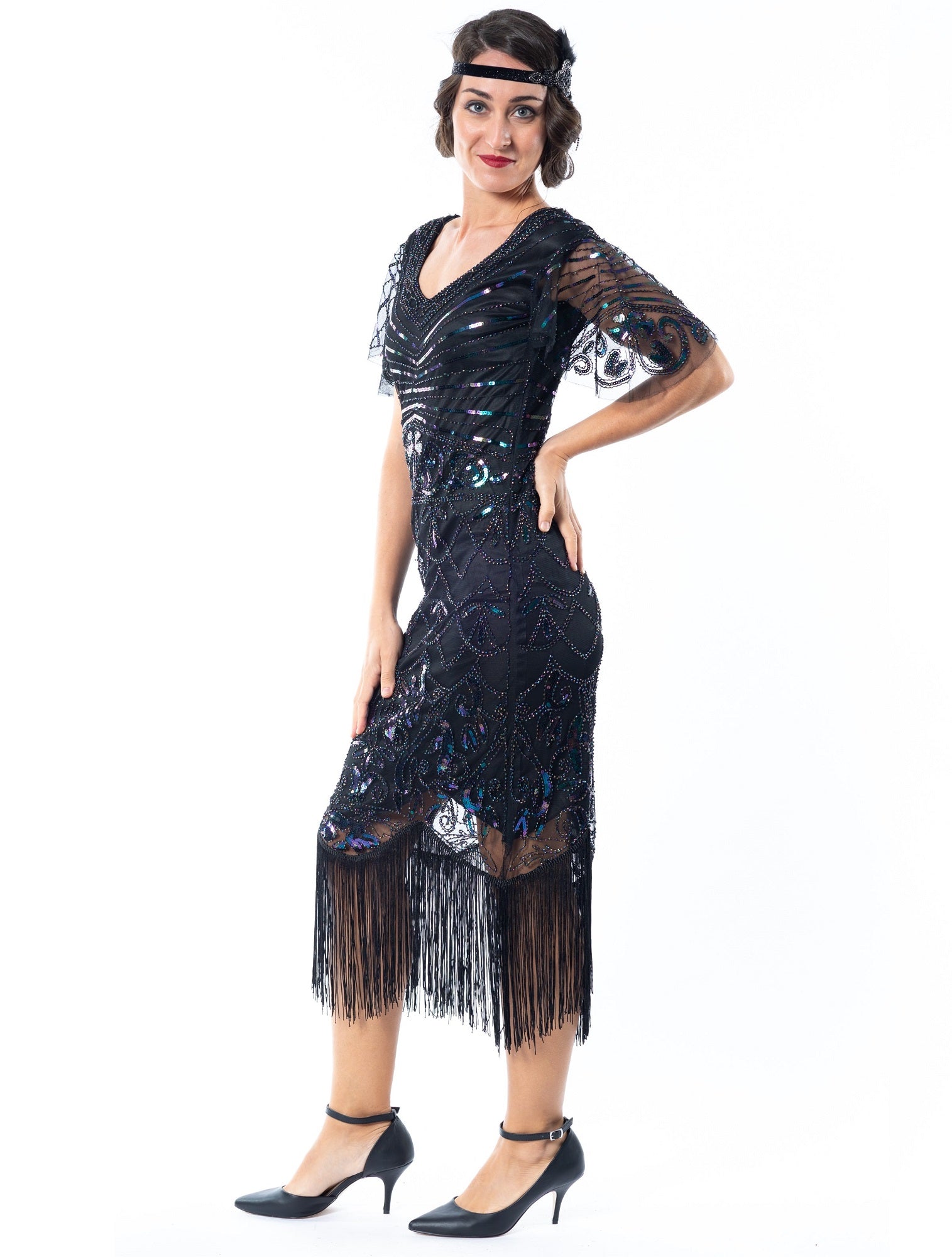 A Black Gatsby Dress with black beads and short sleeves