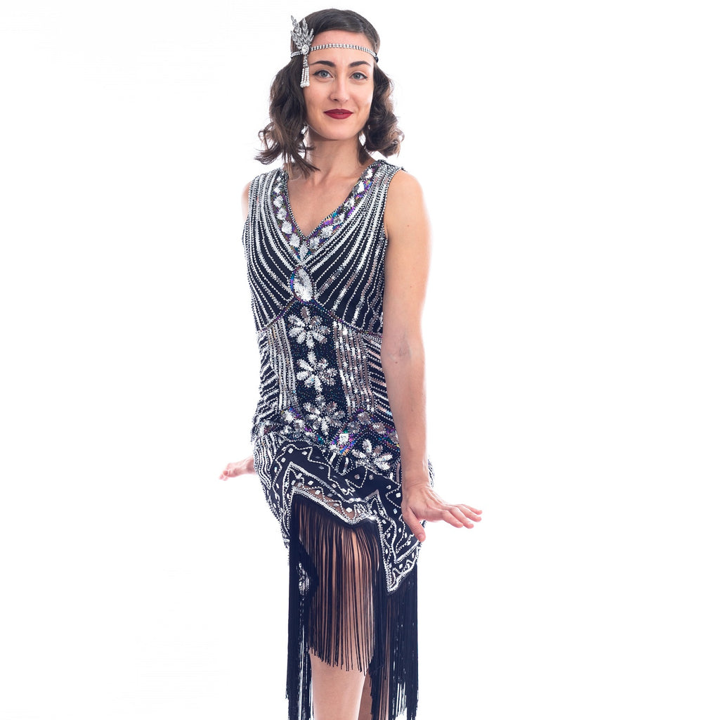 black and silver flapper dress US10 UK14 AUS14 EU42 Scarlette Black Silver Flapper Dress With Sleeves Slip Included 20s Inspired Great Gatsby Deco Charleston Downton Abbey