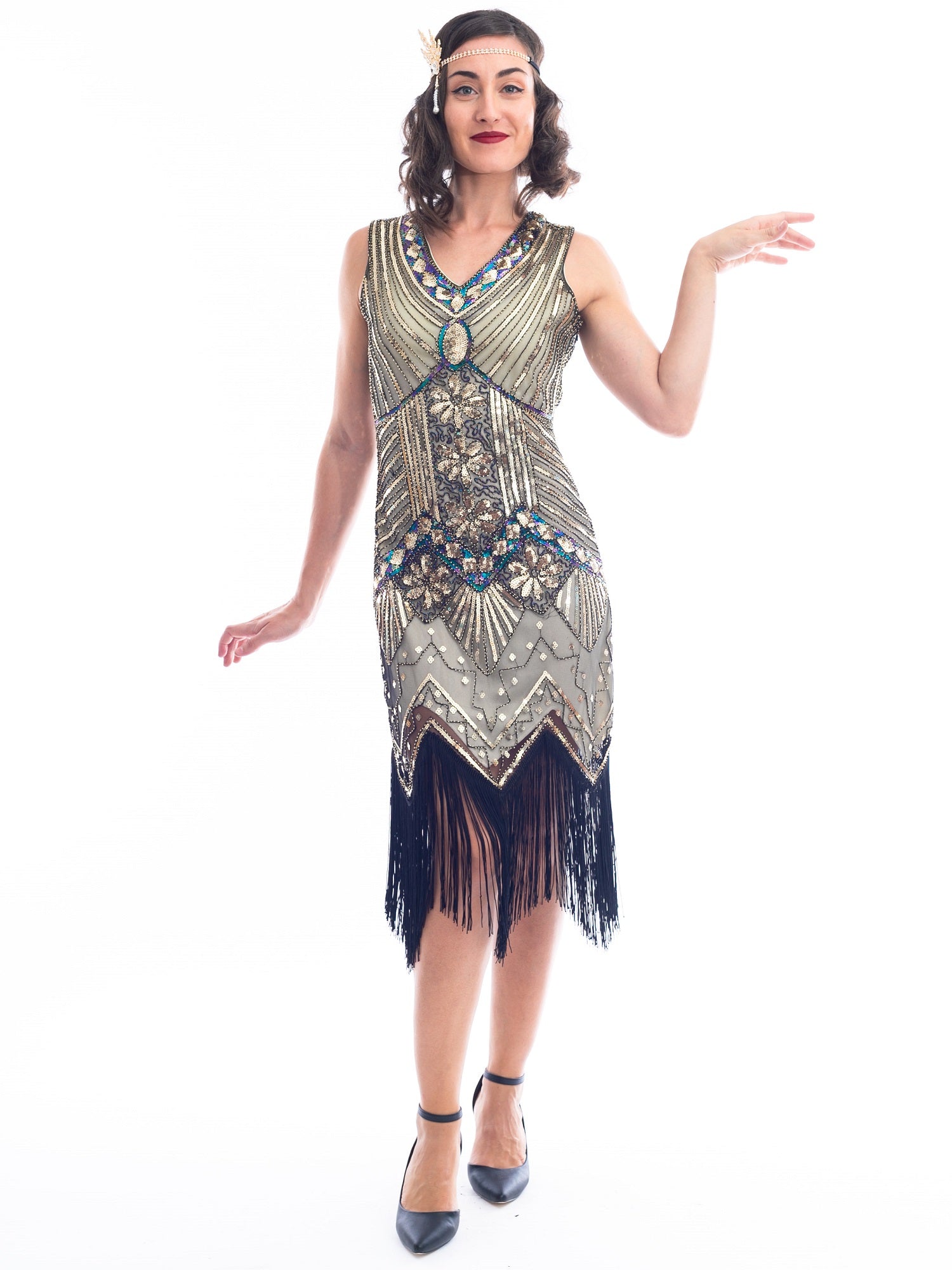 1920s Vintage Gold Ella Flapper Dress with beads and sequins