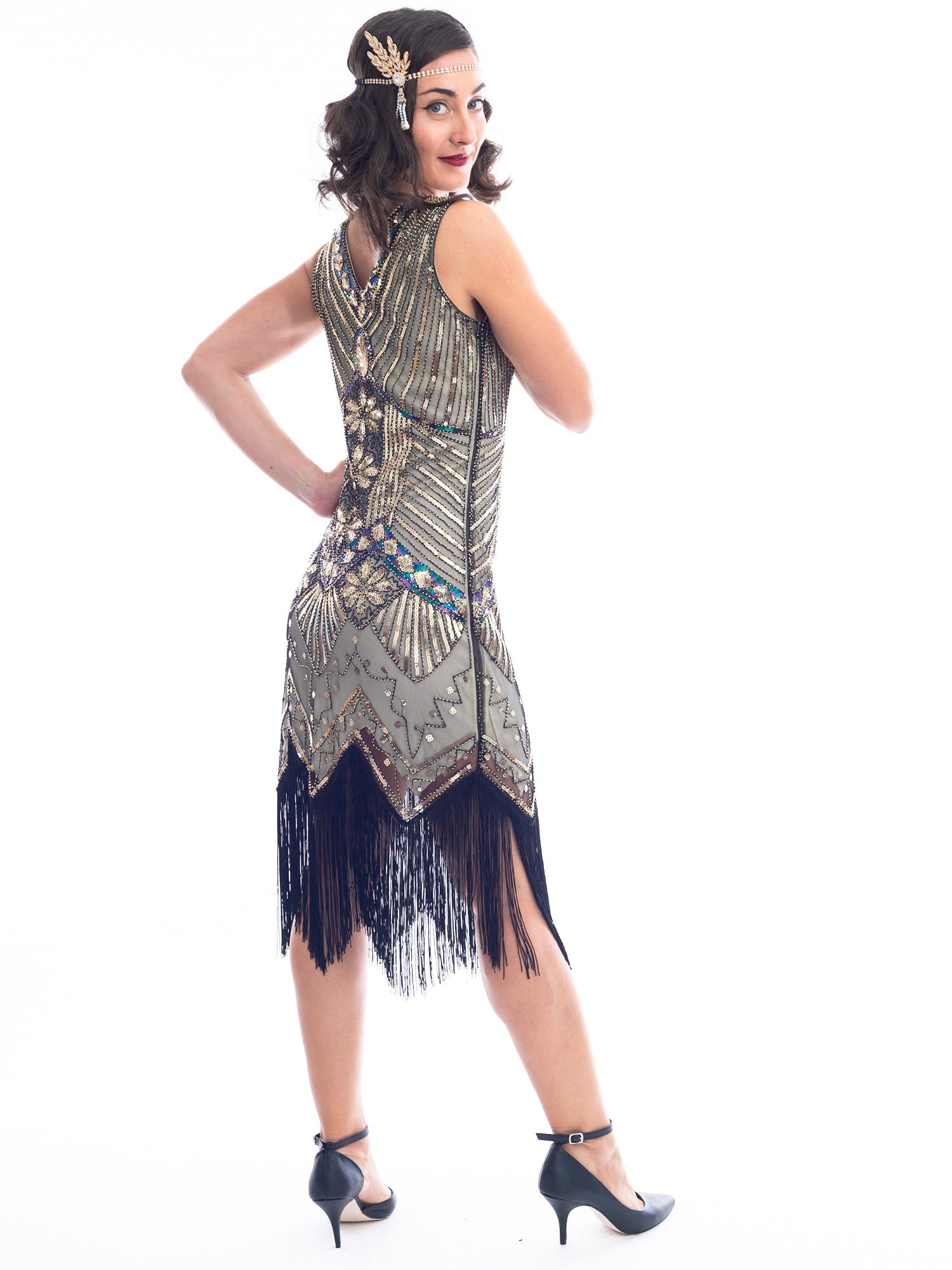 1920s Vintage Gold Ella Flapper Dress with beads and sequins