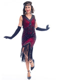 A Vintage Red 1920s Flapper Dress with black beads, black sequins & fringes around the hem