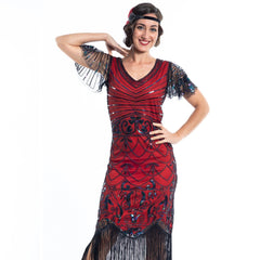 A Red Gatsby Dress with black beads a short sleeves