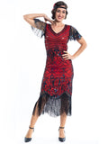 A Red Gatsby Dress with black beads a short sleeves