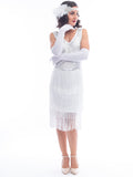 A white gatsby dress with white beads, sequins and fringes around hem.