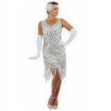 1920s White Beaded Sequin Stella Flapper Dress with Gloves