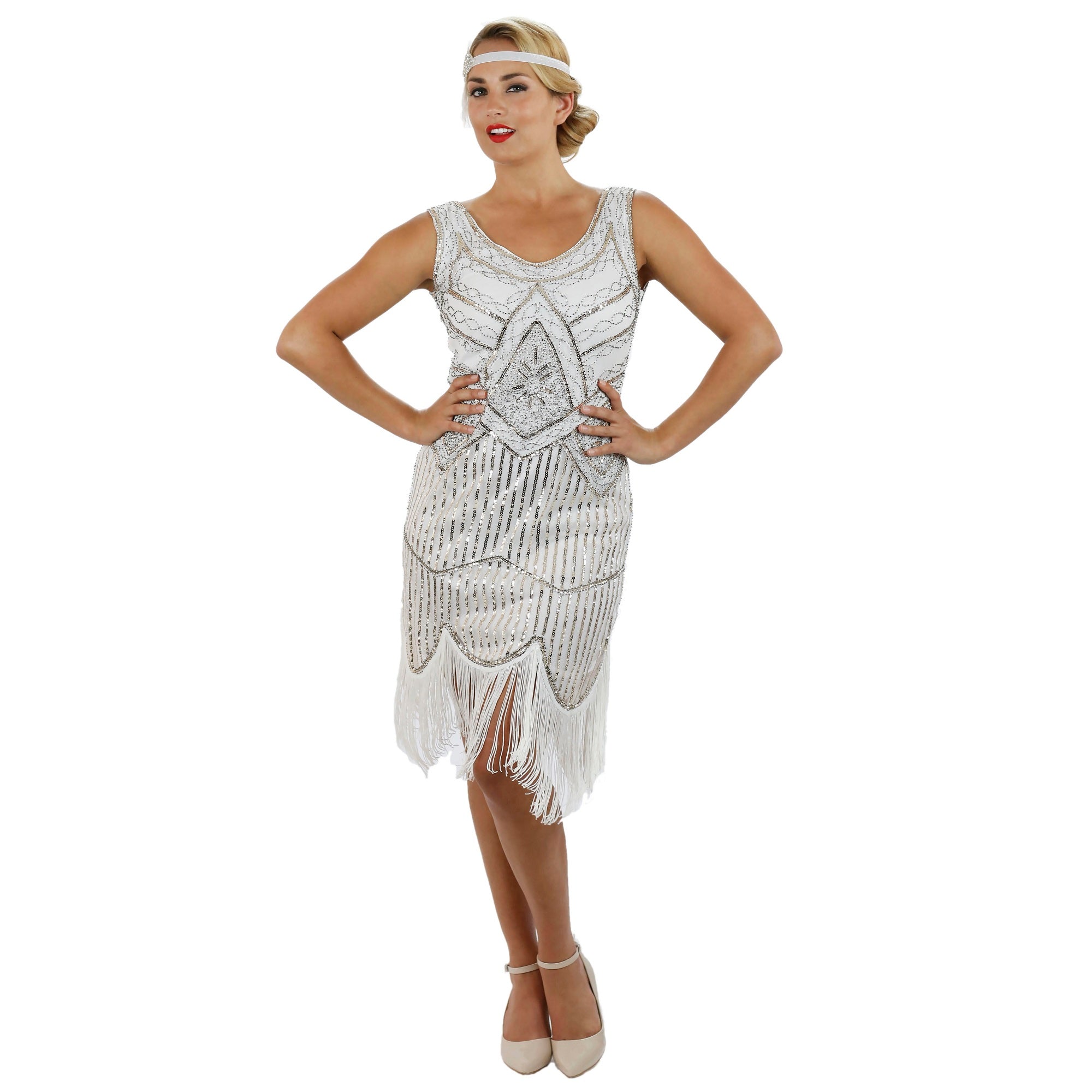 1920s White Beaded Sequin Stella Flapper Dress