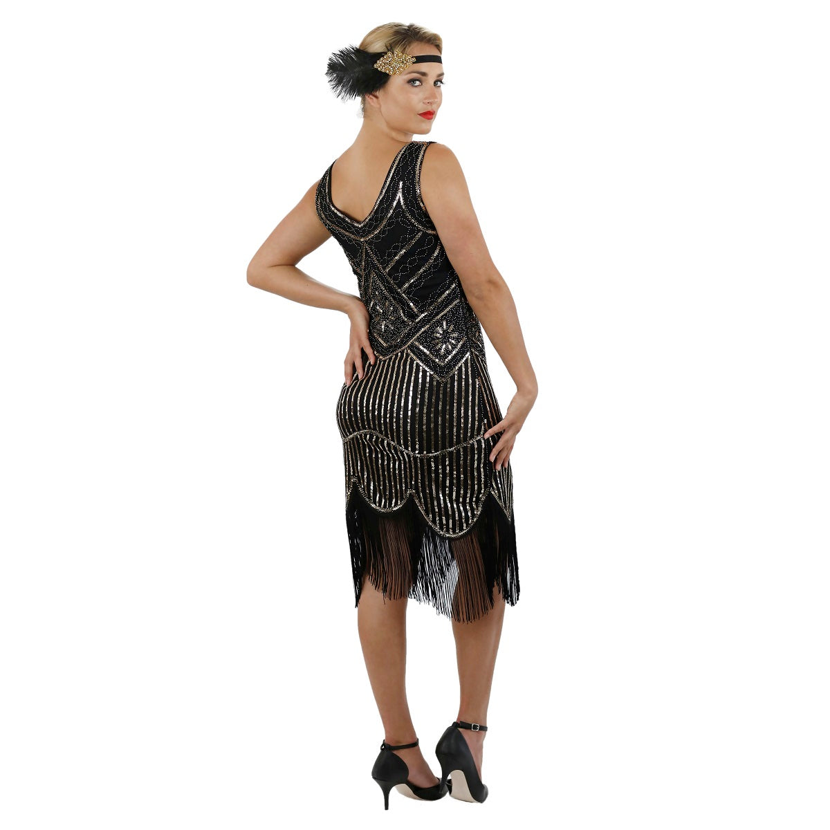 1920s Black Beaded Sequin Stella Flapper Dress Back