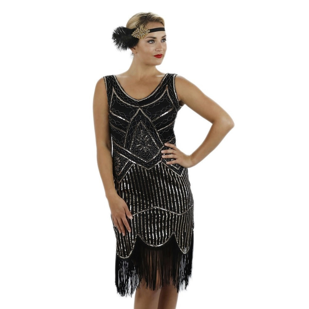 1920s Black Gold Beaded Sequin Stella Flapper Dress – Flapper Boutique