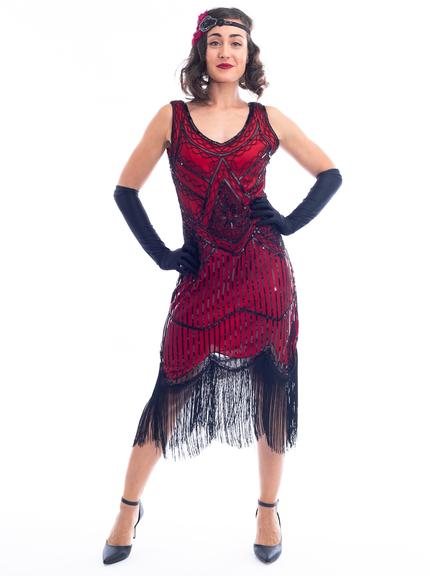 Plus Size Red & Black Beaded Stella Flapper Dress